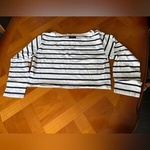 JCrew S Navy Blue White Striped Long Sleeve Shirt Cropped Mariner French Girl